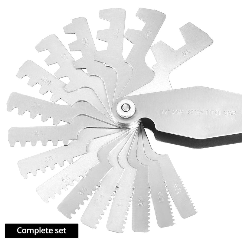 QWORK 29 Degree Acme Screw Pitch Gauge Set, 16-Piece Steel Thread Pitch Measuring Tool with Laser Engraved Scale for Internal and External Threads