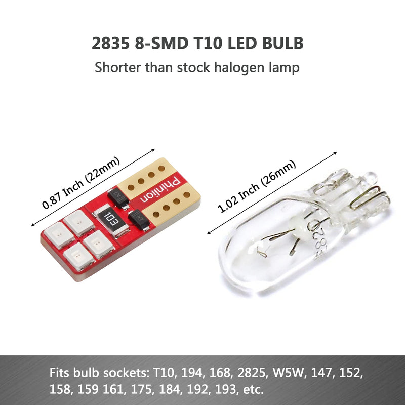 PHINLION Miniature T10 168 194 Red LED Bulbs, Super Bright 8-SMD Wedge 12961 2825 Automobile Lights for Car Interior Dome Map Door Courtesy License Plate Tail Lights, Pack of 4
