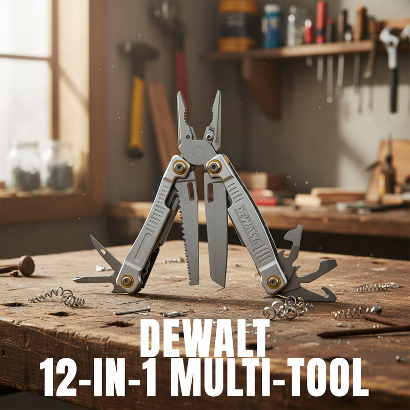 DEWALT 12-in-1 Multitool with Pliers, Knife, Saw, Screwdrivers, Bottle & Can Opener – Stainless Steel Folding Pocket Tool with Sheath & Belt Clip for Construction, Trades & Jobsite Use