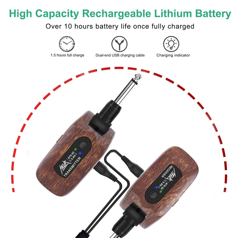 AKLOT Wireless Guitar System Transmitter Receiver Set 5.8GHz Built-in Rechargeable Lithium Battery Digital for Electric Guitar Bass Brown