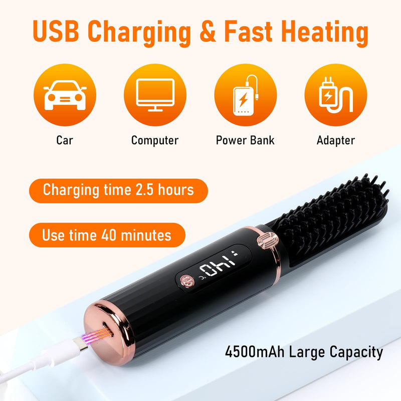 Cordless Hair Straightener Brush, Portable Hot Comb Hair Straightener Negative Ion Hair Straighteners Comb for Women 4 Temperature Beard Straightener Brush USB Rechargeable Anti-Scald Auto-Off（Black）