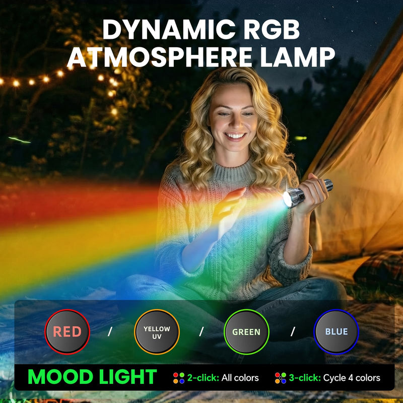 2000 Lumen EDC Flashlight Small Rechargeable Flashlight with Memory,Multi-Color Light (Warm Yellow/Red/Green/Blue/UV) with 5 Buttons,Built-in 4200mAh Battery Ideal for Home,Outdoor,Emergency Use Pocket