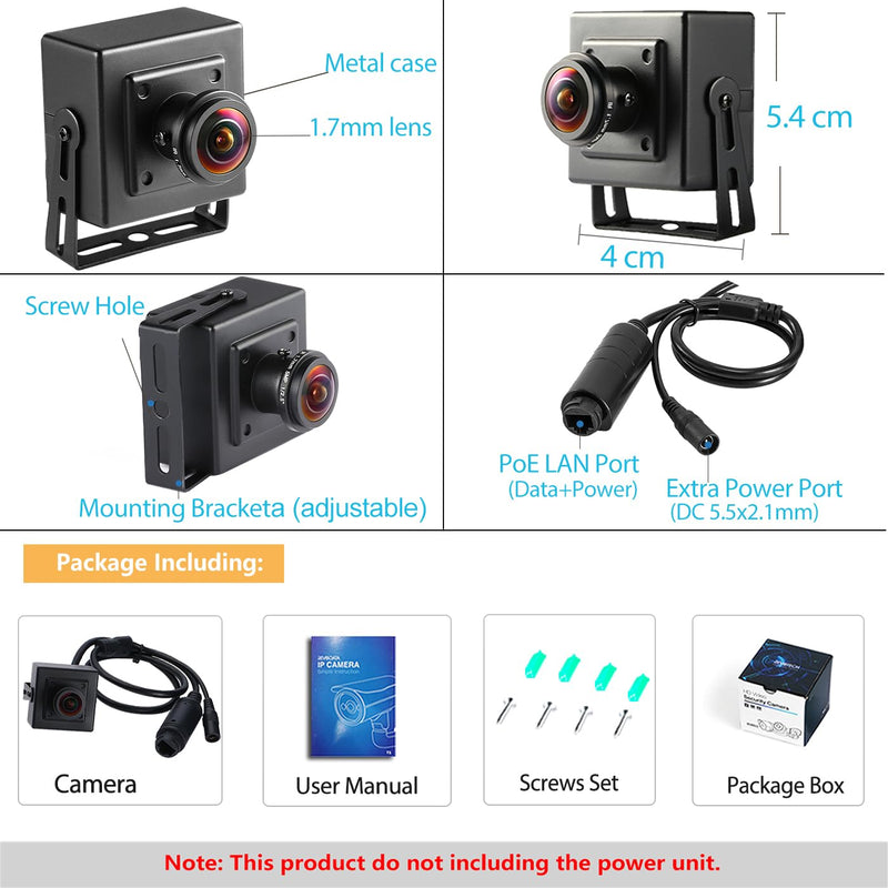 Ultra HD 8MP Mini POE IP Camera,4K Small Indoor Security Camera Fisheye 1.7mm Lens 180° Viewing Angle P2P Remote View CCTV POE Fisheye Cam,H.265 Motion Detection (I706-3-P-HS82) 1.7mm lens black I706-3-P-HS82
