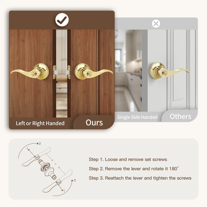 Moquin Wave Style Gold Door Handle with Lock and Key, Keyed Entry Brushed Gold Door Handles for Bedroom or Front Door, Polished Brass 1 Pack Keyed Entry-Lock & Key
