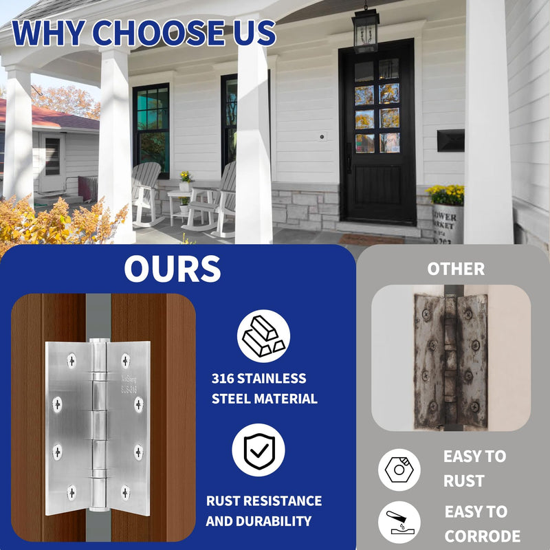4.5" 316 Marine Grade Door Hinges XINSheng Heavy Duty Exterior 3 Pack | Ball Bearing Design | 220 LBS Capacity | Security Pin | Coastal & High-Salt Resistant | Perfect for Outswing Doors & Gates