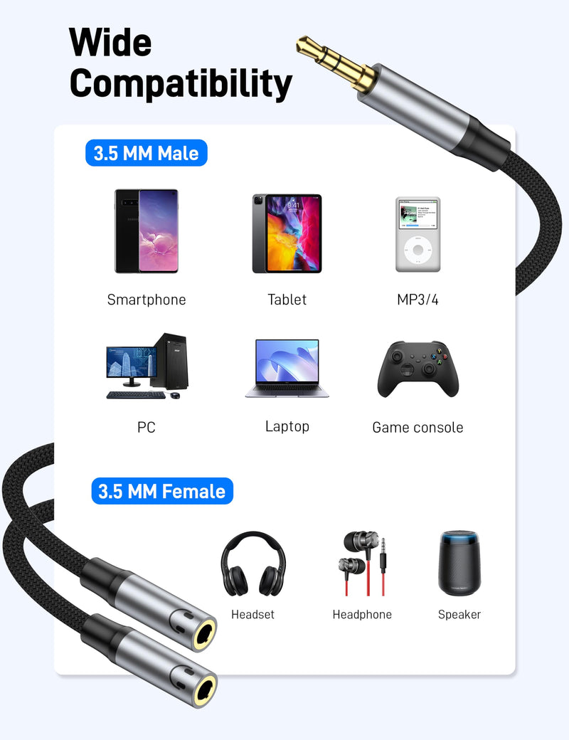 3.5mm Headphone Splitter, Aux Audio Stereo Y Splitter Extension Cable Male to Female Dual Headphone Jack Adapter for Switch 2/PS4/PS5 iPhone iPad, Tablet, Laptop. grey 1 Pack