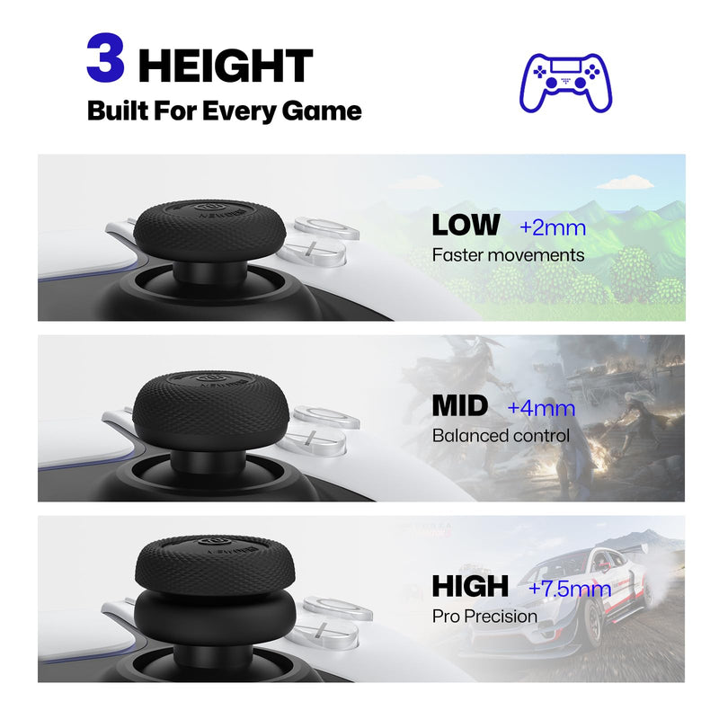 NEWDERY Thumb Grips for PS5/PS4 Controllers | 3 Height Options for Enhanced Precision & Control, Anti-Slip Silicone Caps, Compatible with PS5/PS4 Controllers, Black, 12PCS