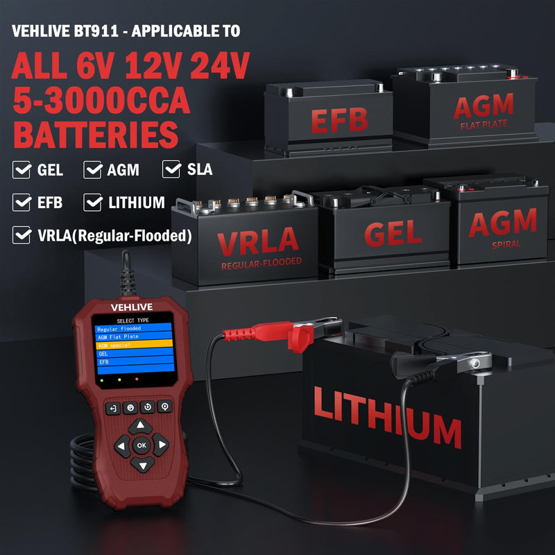 Car Battery Tester 6V 12V 24V with Lithium Battery Testing, BT911 5-3000CCA Automotive 12V&24V Dual Circuit Testing, Load/Alternator Tester, Charging Cranking System Tester for All Car Motorcycle Boat Light Red