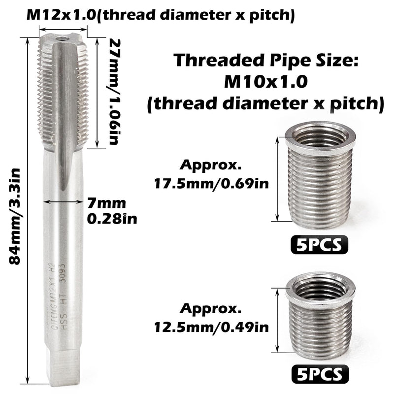 Spark Plug Thread Repair Kit, M10 x 1.0 Bolt, M12 x 1.0 Tap, Stainless Steel Spark Plug Helicoil Kit for Automotive Engine