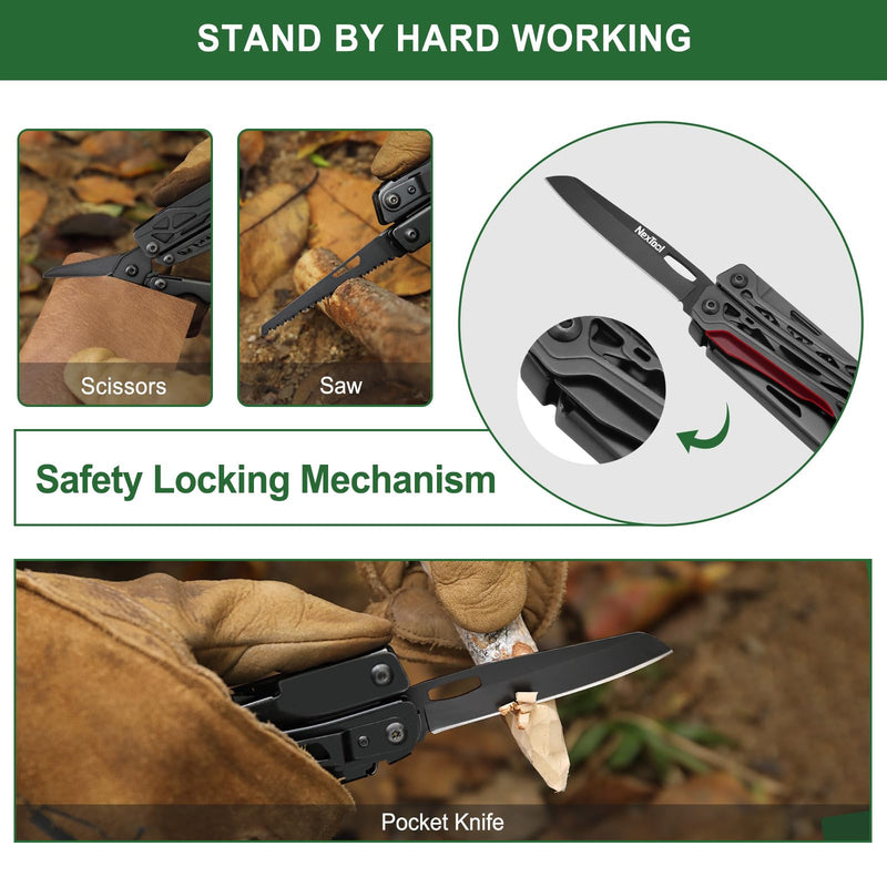 NexTool Multitool, 11 in 1 Multi Tool with Needle Nose Pliers, Scissors and Screwdriver Bits, Stainless Steel Multi Tool Pocket Knife with Safety Locking for Camping,Fishing,Hiking, Mens Gifts Unique Full Size Black Knight Pliers