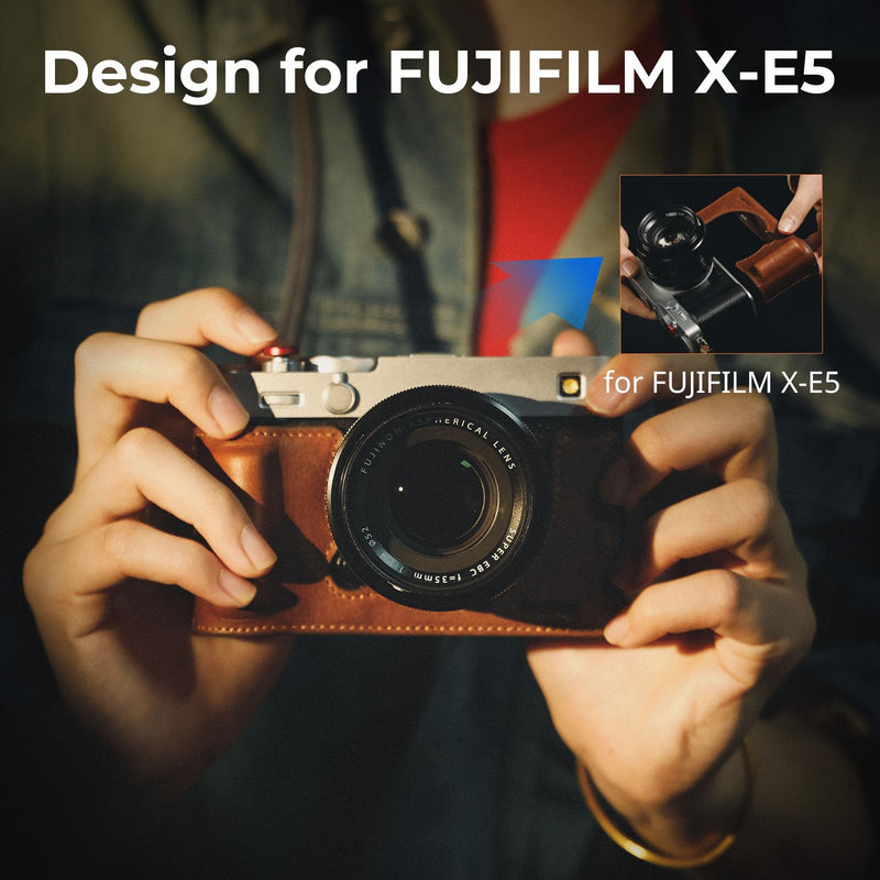 SMALLRIG Leather Case Kit for FUJIFILM X-E5 with Shoulder Strap (Brown) | Vintage Half-Body Case with Neck Strap, Genuine Leather Material Brown