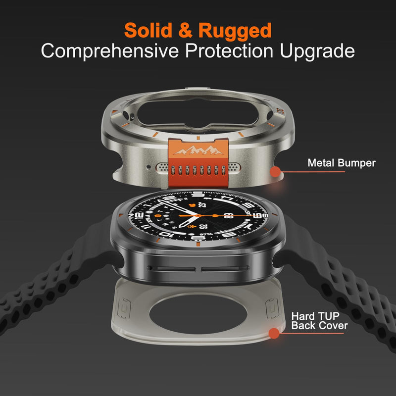Metal Cover for Samsung Galaxy Watch Ultra Case 2024/2025, 2 in 1 Rugged Bumper Protection with Back Cover, Titanium