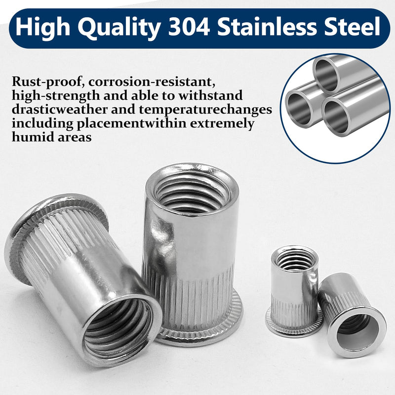 Metric & SAE Rivet Nut Assortment Kit(300 Pcs), M3 M4 M5 M6 M8 M10 M12#8-32#10-24 1/4"-20 5/16"-18 3/8"-16 304 Stainless Steel Rivnut Set UNC Flat Head Nutsert SAE & Metric Assortment - 300 Pcs Silver