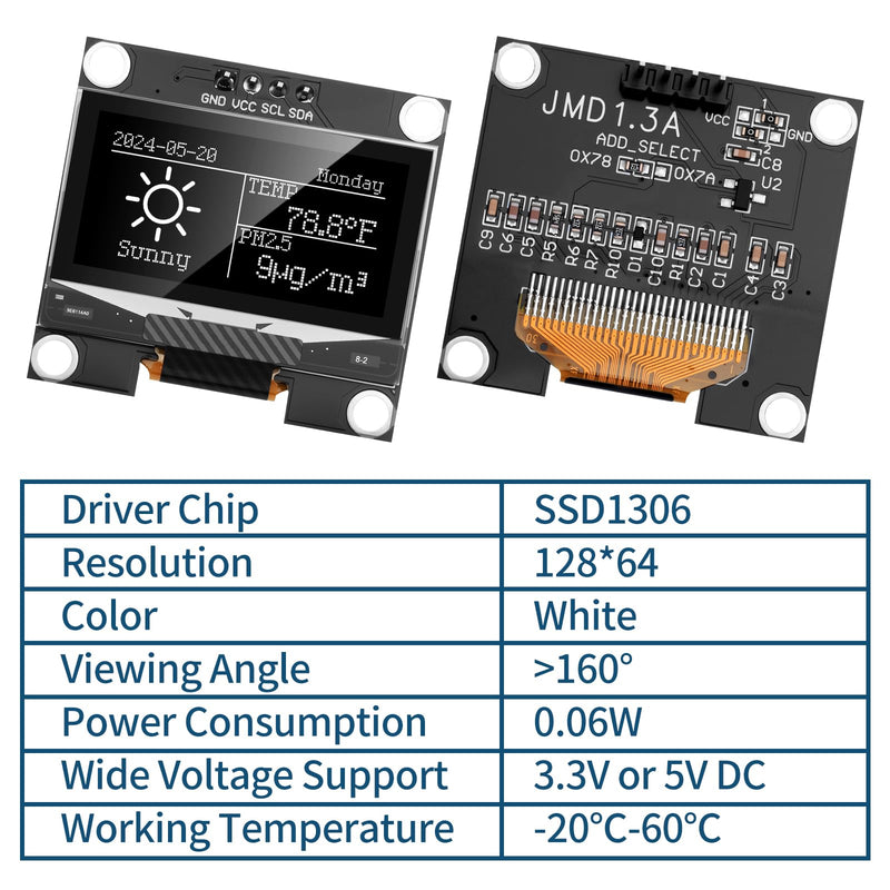 5pcs Pre-Soldered 1.3 Inch I2C OLED Display Module 128 x 64 Pixel SSD1306 Driver Self-Luminous Display Board with Protective Case for Arduino/Raspberry Pi/ESP32 5