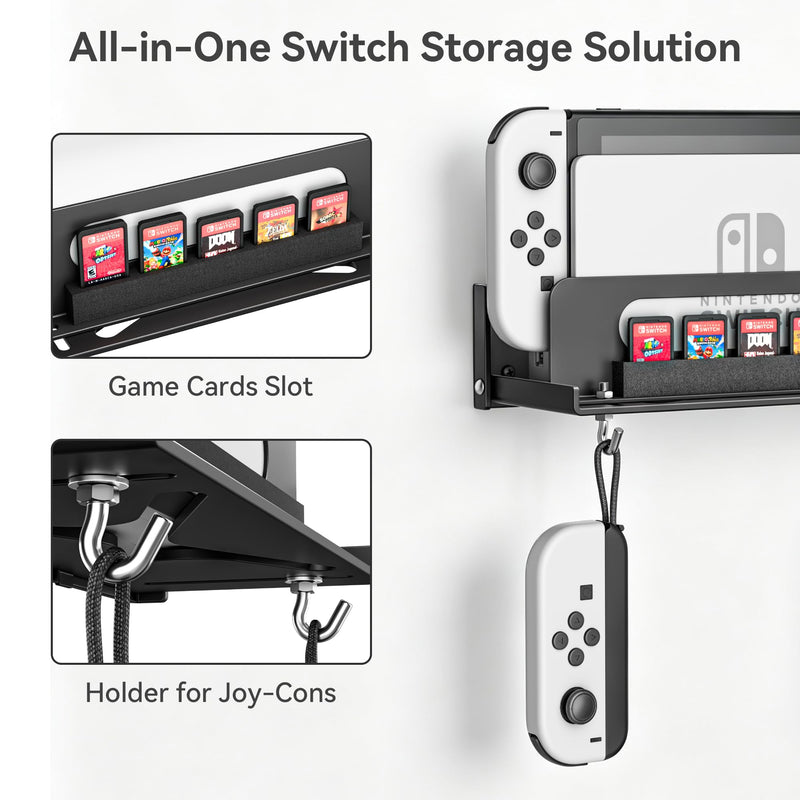 Wall Mount Compatible with Nintendo Switch 1/OLED/2 | Switch Dock Wall Mount with Controller & Game Card Storage, Space-Saving Gaming Organizer