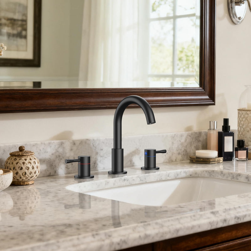 FORIOUS Black Bathroom Faucet 3 Hole, 360° Swivel 8 Inch Widespread Bathroom Sink Faucet and Pop Up Drain 2 Handle Faucets for Sink, Vanity, RV, Lavatory, Farmhouse Matte Black