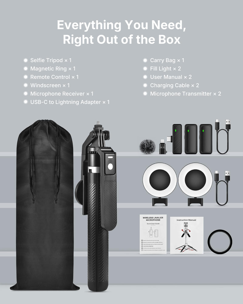3-in-1 Vlogging Kit for iPhone, 71" Tripod with Lights and Mic | Magnetic & Clamp Phone Holder, Plug In & Record, No Setup, Noise Reduction Mic, Rechargeable Remote, Carrying Bag Included