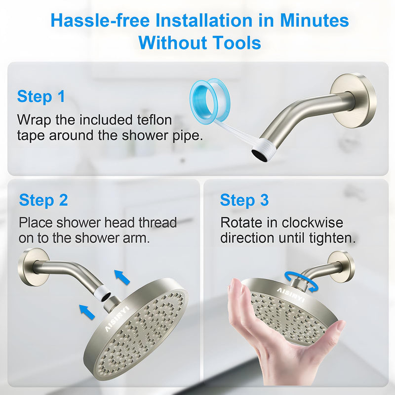High Pressure Rainfall Shower Head, 6 Inches Luxury Showerhead with Perfect Adjustable Replacement, Removable Restrictor, Easy Installation for Your Bathroom Shower Heads (Brushed Nickel) 6 Inch Round (1 PCS) Brushed Nickel