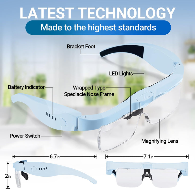 YOCTOSUN Magnifying Glass with Light, Magnifying Glasses with 5 Lenses 0.75X-4.0X and 3 LED Lights, Rechargeable Magnifier Headset, Hands Free Head Magnifying Glass for Close Work Hobby Crafts Jewelry Blue
