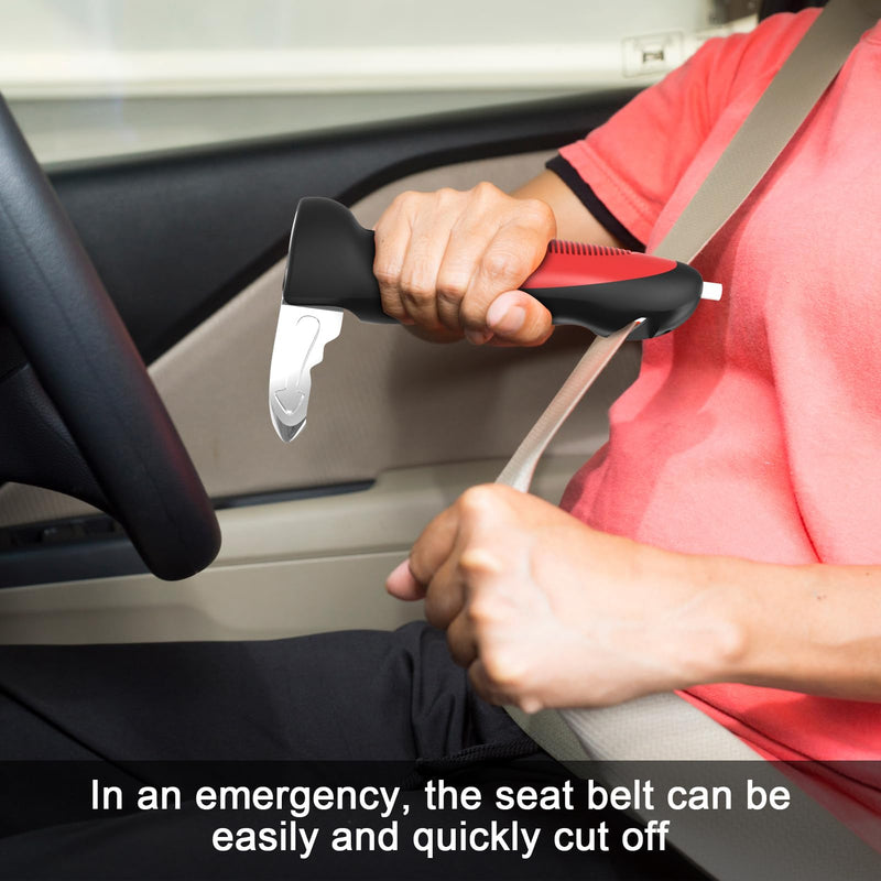 Versatility Auto Cane Vehicle Support Handle for Elderly and Handicapped Portable Automotive Door Assist Handles with LED Light, Seatbelt Cutter, and Window Breaker Red Old