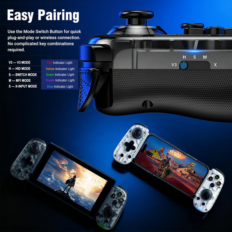 Joso Mobile Game Controller with USB-C Plug & Play, Wireless & Wired Gamepad for iPhone/Android & Switch with Hall Effect Joysticks/Dual Vibration/Turbo, Supports Cloud Gaming & Streaming (Black) Black