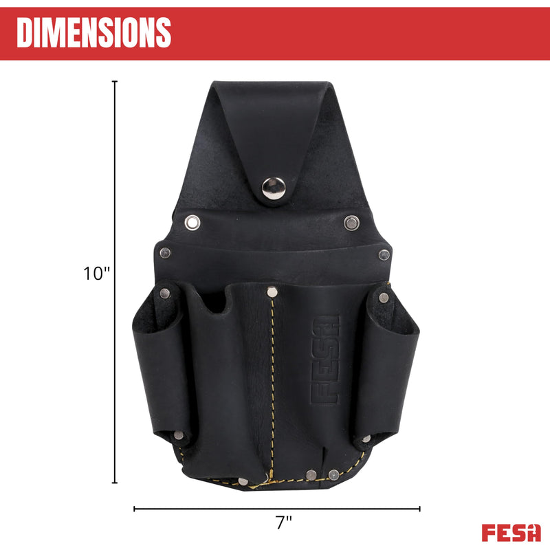 FESA Leather Electrician Tool Pouch - Pocket Caddy Clip On Tool Pouch with Voltage Test Meter Pocket & 5 Other Compartments - Easy On & Off - Fits Belts up to 3" Wide - Handcrafted Black
