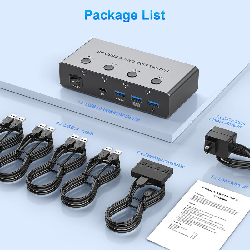 5G USB3.0 KVM Switch HDMI 8K@60Hz 4K@144Hz for 4 Computers Share 1 Monitor, KVM Switch 4 Port with 3 USB 3.0 and 1 USB-C Ports Share Keyboard Mouse 8K HDMI 4 PC 1 Monitor