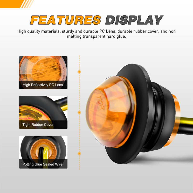 GOOACC 3/4 Inch Bullet Side Marker Light 10PCS Amber Round Clearance LED Front Rear Indicator Lights for Trailer Van Caravan Boat Truck RV Car Bus