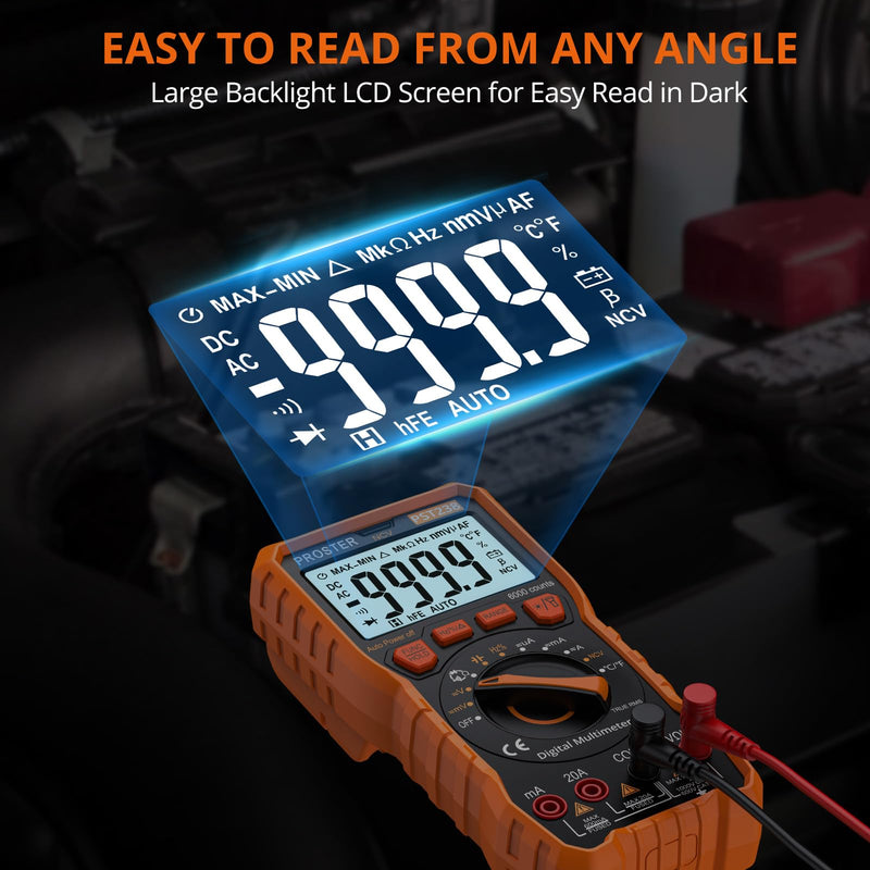 Proster Digital Multimeter 6000 Count - TRMS Voltmeter Multimetro Digital Auto Range Multimeter Tester, NCV Detector DC AC Voltage Current Meter Updated 6000 Count