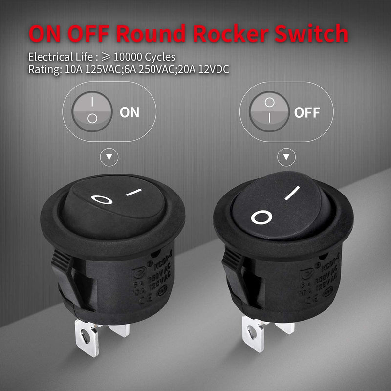 DaierTek ON Off Round Rocker Switches SPST 20mm Mini 12 Volt DC Mini Circle Toggle Switch 12V for Car Automotive RV 2 Pin Switch 120V Wired KCD1-5Pack ON/OFF-5Pcs