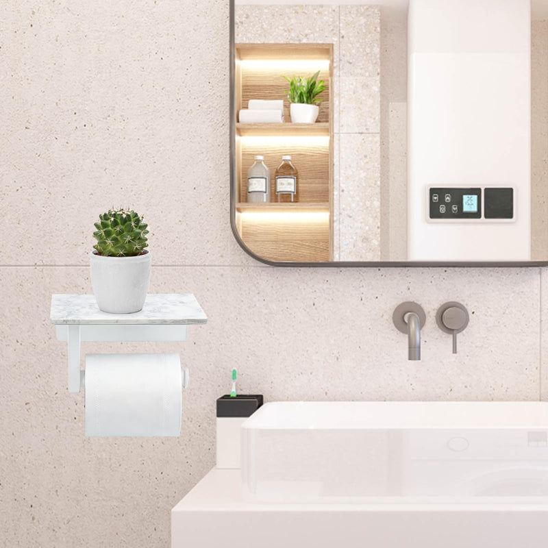 Toilet Paper Holder with Natural Marble Shelf, Wall Mounted Tissue Holder, Modern and Durable Bathroom Accessory for Bathroom Washroom (White) White
