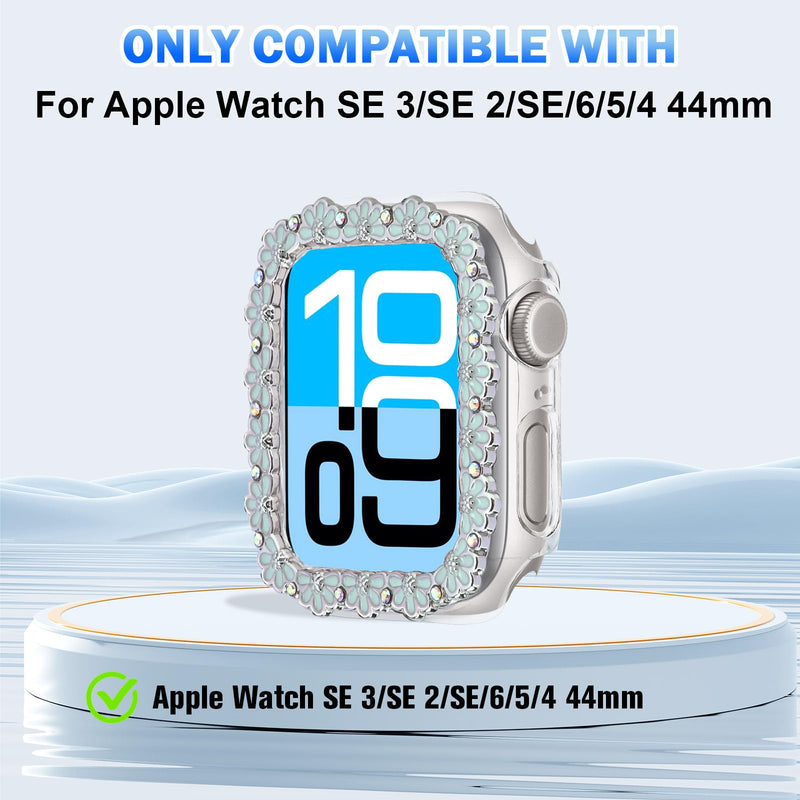 Floral Bling Diamond Bumper Case for Apple Watch SE 3/SE 2/SE/9/8/7 44/45mm | Glitter Rhinestone Flower Watch Case Hard PC Shockproof Protective Frame Cover Accessory for Women Compatible with iWatch SE Apple Watch SE 3/SE 2/SE/9/8/7/6/5/4 (44/45mm)