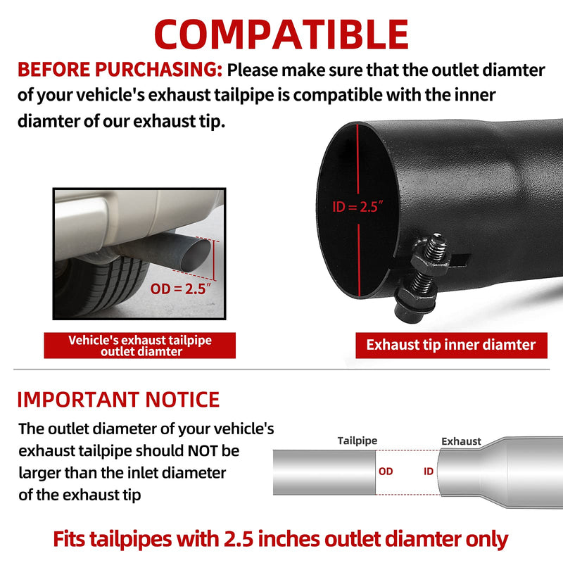 AUTOSAVER88 2.5 Inch Inlet Black Exhaust Tip, 2.5" Inlet 2.5" Outlet 9" Overall Length Stainless Steel Turn Down Exhaust Tips Powder Coated Finish Tailpipe 2.5" ID /2.5" OD/9" Long