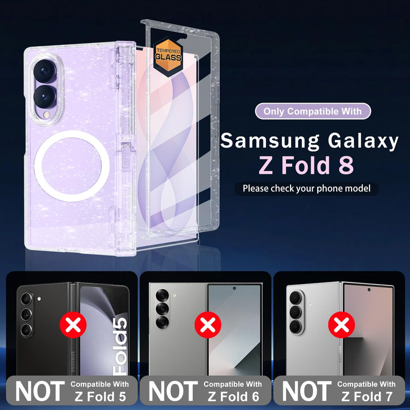 Casetego for Galaxy Z Fold 8 Case Magnetic,[Compatible with MagSafe][Built-in Screen Protector][Kickstand][Hinge Protection] Slim Shockproof Cute Women Girl Case for Samsung Z Fold,AllGlitter Hot Clear-Stand