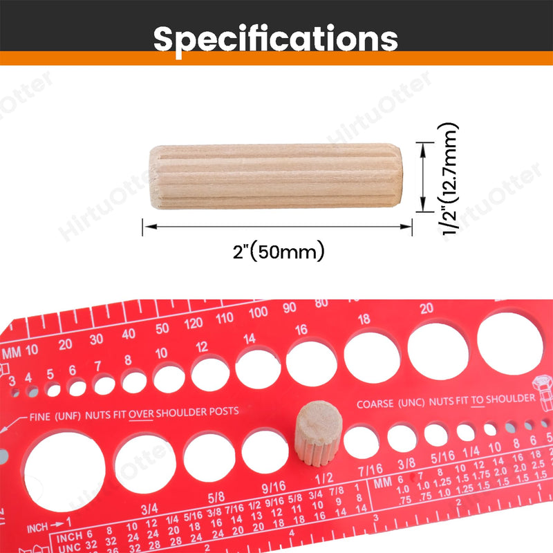 200 pcs 1/2" x 2" Wooden Dowel Pins, Hardwood, Kiln-Dried Fluted & Beveled Design for Easy Insertion for Woodworking, Furniture, Crafts & DIY Projects (12.7mm x 50mm) 1/2" x 2" 200