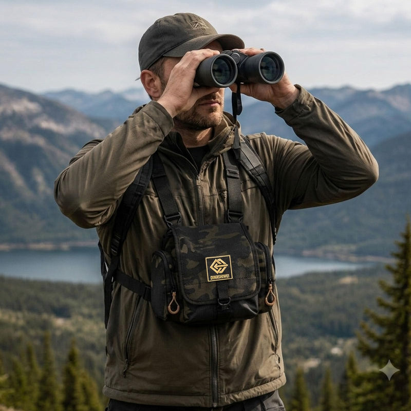 Binocular Chest Pack Camo Hunting Harness with Rangefinder Pouch | Water-resistant camo binocular pack with breathable X-back straps, storage pockets and quick access for hunting & birding