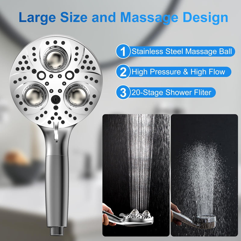 Filter Handheld Shower Head for Residual Chlorine Remove,10-Spray Modes Massage Showerhead, Large Powerful Handheld Showerhead with 79in Hose Detachable (Premium Chome) Premium Chome