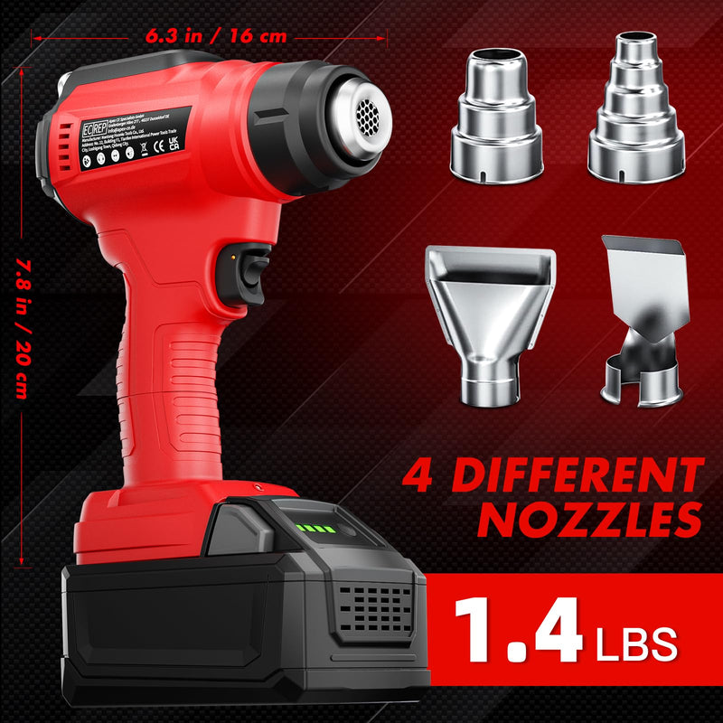 Cordless Heat Gun for Milwaukee 18V Battery, 350W 1022°F (550°C) Soldering Heat, Variable Temperature Control Hot Air Gun Kit with 4 Nozzles and Scraper, for Shrink Tubing, PVC Wrap(NO Battery) Red
