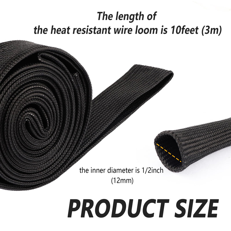 Wire Heat Shield 9.8Ft - 1/2" ID x 10' Spark Plug Wire Heat Shield Wrap Fuel Line Heat Shield Sleeve - Automotive Heat Shield for Protecting Car Accessories (Black) Black