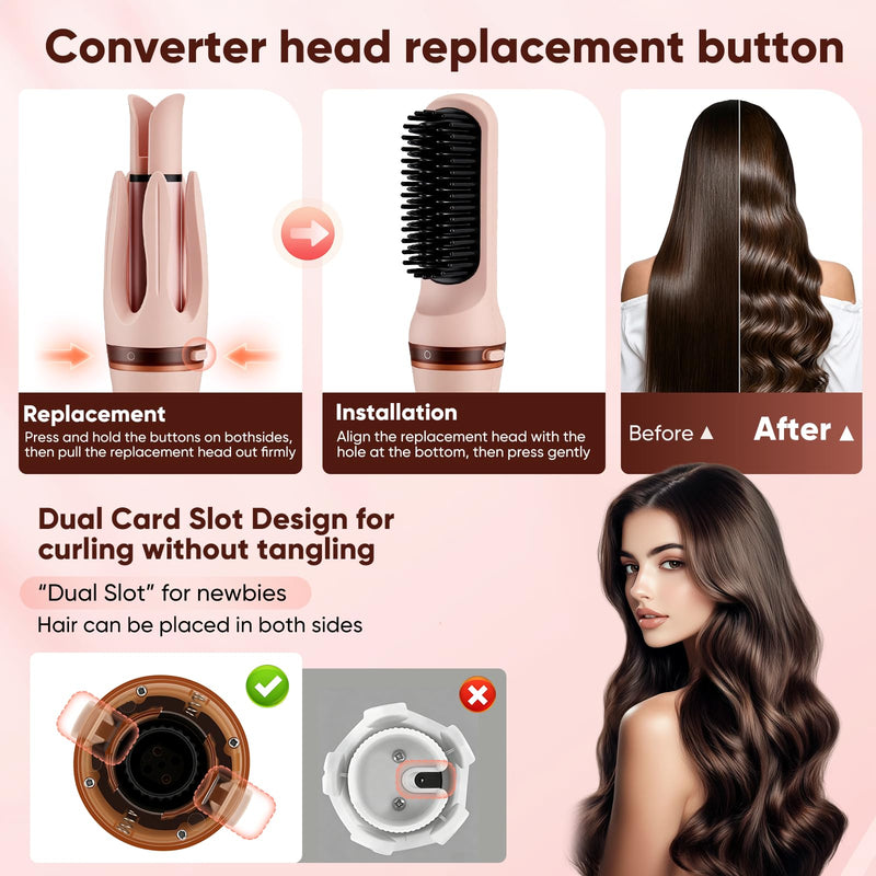 3-in-1 Negative Ions Automatic Curling Wand, Rotating Hair Curler with Straightener Brush, Ceramic Coating Anti-Scald Auto Shut-Off, Four Temperature for Hair Styling, 28mm & 32mm Barrels, 150°C-210°C