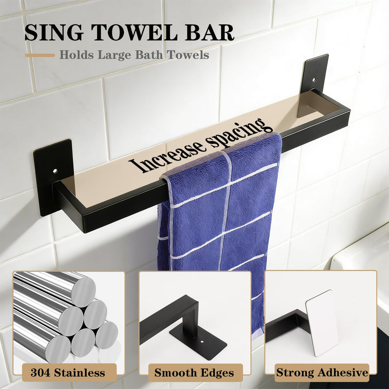 5 Pieces Self Adhesive Bathroom Hardware Set-SUS304 Stainless Steel-Towel Rack Set Include 16″Towel Bar+Toilet Paper Holder+3 Towel/Robe Hooks Bathroom Accessory (Matte Black, 16 in) Matte Black