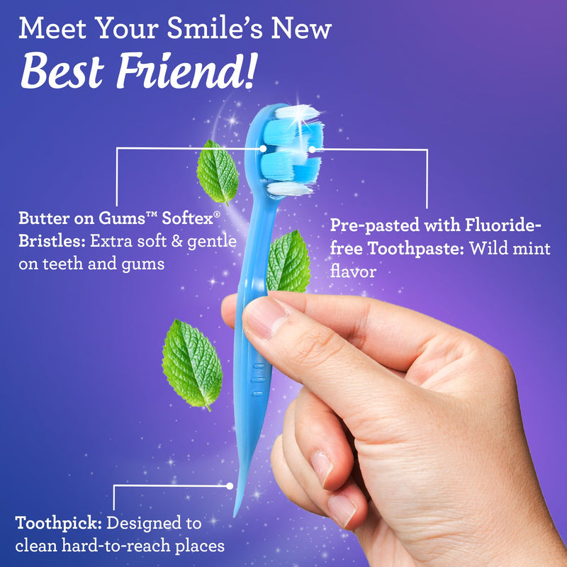 GuruNanda Mini Disposable Toothbrushes with Toothpaste & Toothpick, Prepasted Ready-to-Go Travel Toothbrush with Butter on Gums Bristles - Fluoride Free, No Rinsing, Individually Wrapped, 70 Ct 70 Count (Pack of 1)