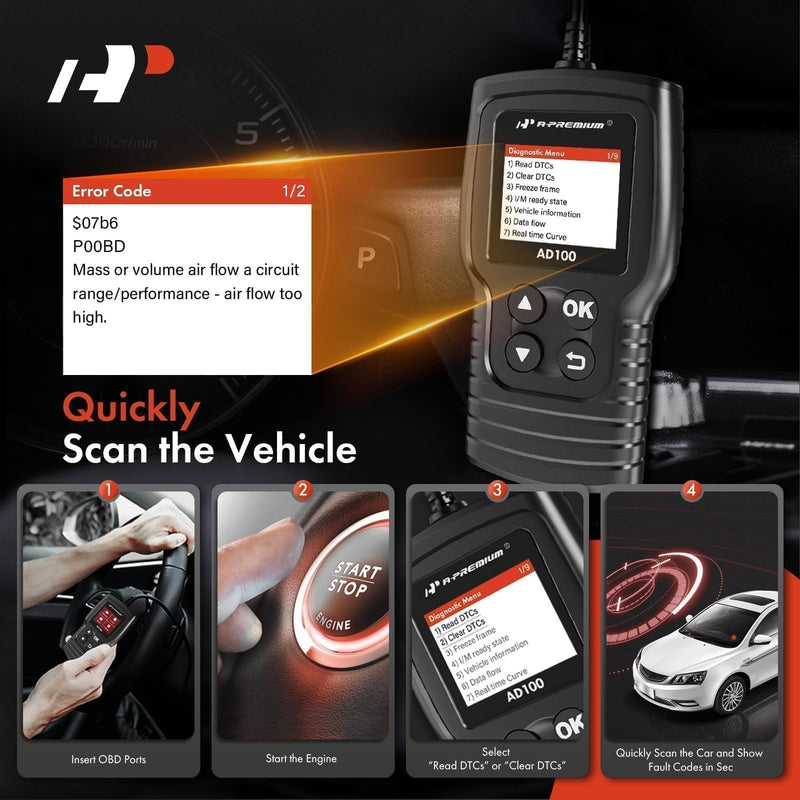 A-Premium AD100 Universal OBD2 Scanner Diagnostic Tool, Car Code Reader OBDII/EOBD/CAN Scan Tool, Check Engine Light/Read Clear Fault Codes/Smog Check/Live Data Stream/Battery Test, For Car Since 1996