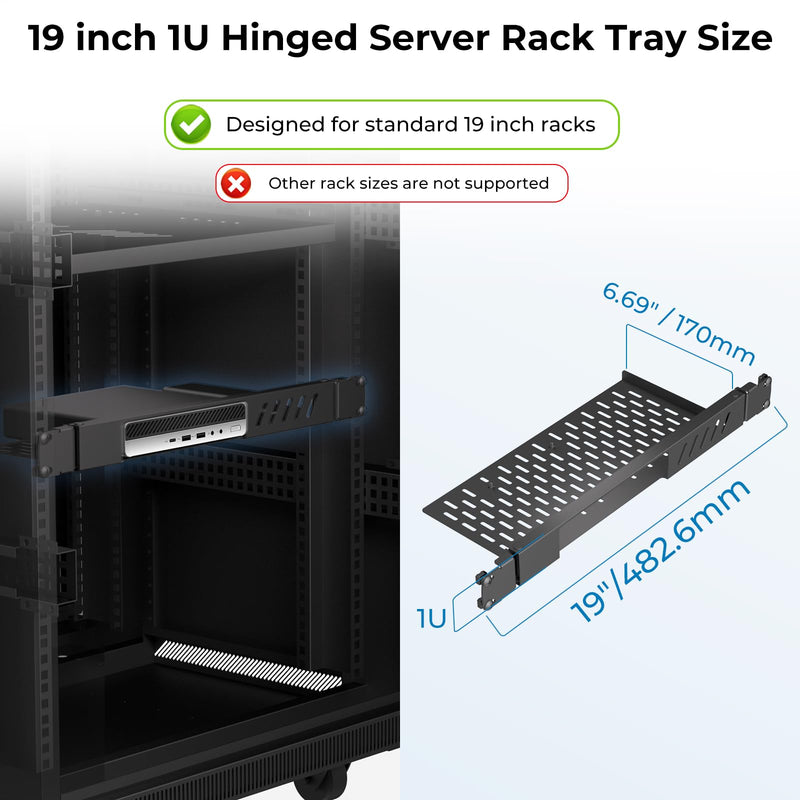 Mini Rack Mount for HP Desktop Mini PC, 19in 1U Hinged Server Rack Shelf, for HP 260 400 405 600 705 800 805 800G9, Mini PC Rack Mount for 19 inch Cabinet or Rack, with Cable Ties