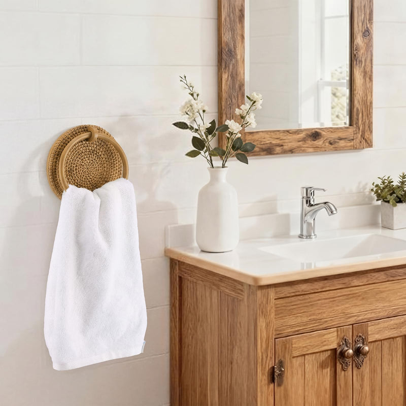 Mifoci Rattan Towel Ring Rack, Natural Woven Rattan Towel Hanger for Bathroom Wall Decor, Wood Rustic Farmhouse Bathroom Decor Accessories, Standard Wall Mount, Easy Installation