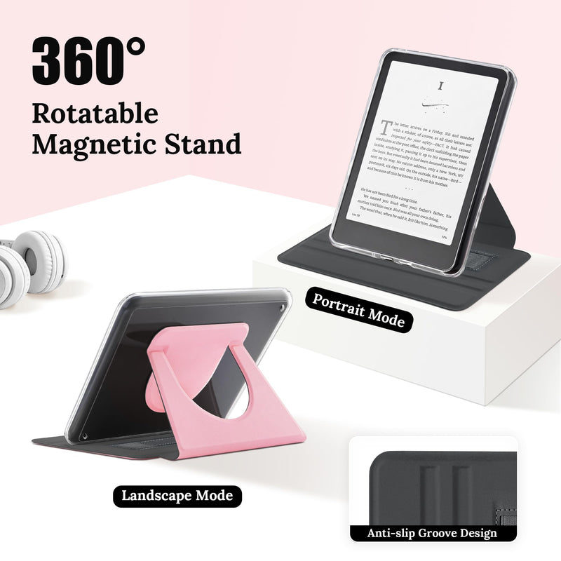 Magnetic Rotating Stand Case for 7'' Kindle Paperwhite & Colorsoft | Magnetic Detachable, Adjustable Stand, Auto Wake/Sleep, Clear PC Case, Soft TPU Edge, Hand Strap, Anti-Slip Grooves, Pink 7" e-book-reader