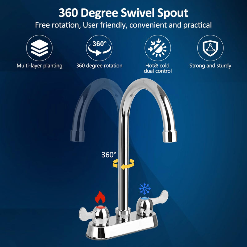 4" Center Commercial Bar Sink Faucet, 2-Hole Deck Mount Utility Sink Faucet with 6" Gooseneck Swivel Spout & Dual Lever Handles for Laundry Tub RV Bar Sink, Brass Constructed, Chrome
