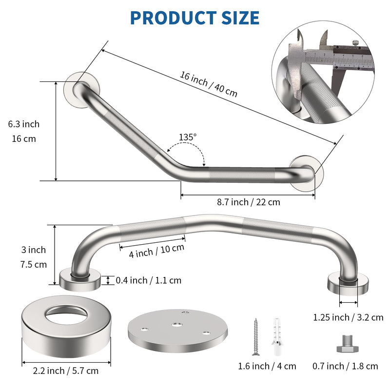 16 Inch Angled Shower Grab Bar, Munzong 2 Pack Anti Slip Satin Brushed Nickel Bathroom Grab Bar, Knurled Bathroom Balance Bar,Safety Hand Rail Support Handicap Elderly Injury Senior Assist Bath Handle 16 IN-2 Pack