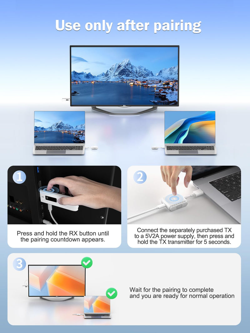 Lemorele Wireless USB-C Transmitter and HDMI Receiver Kit, Plug&Play USB-C to HDMI Wireless Extender, 2.4/5G 164ft Range 1080P Full HD, for Streaming Video&Audio to HD TV/Monitor from Phone/Laptop USB-C TX + HDMI RX