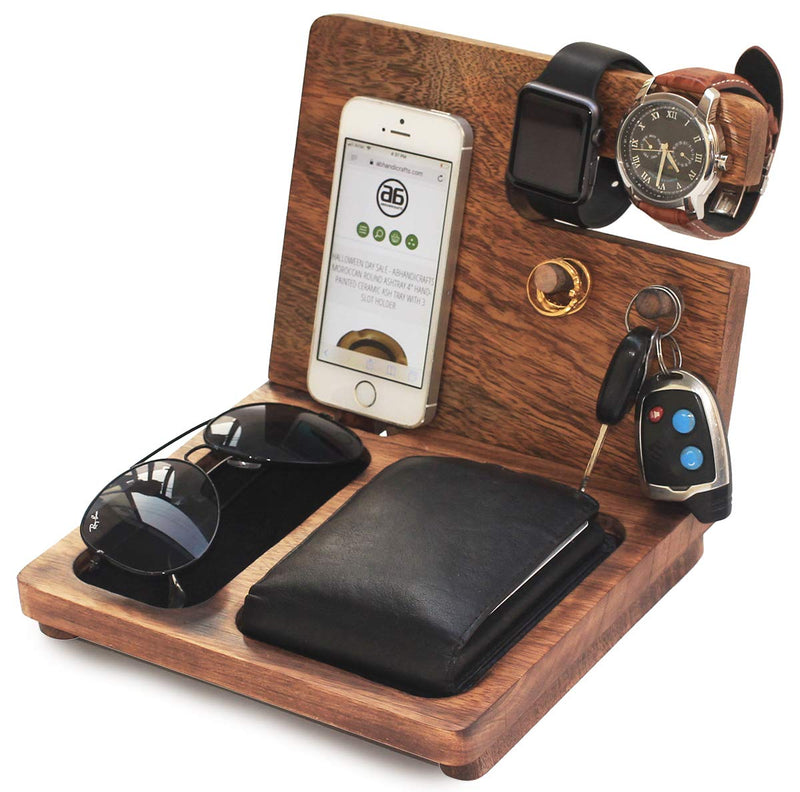 AB Handicrfafts Wooden Docking Station, Nightstand Organizer Wallet, Watch Stand Key Holder for Mom Gifts for DAD, Husband, Compatible with iPhone